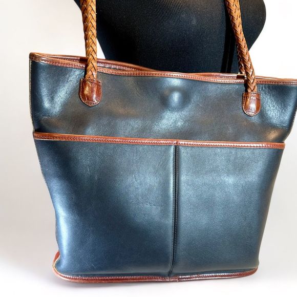 Brighton 80's Leather Shoulder Bag Black/Brown Braided Handles, silver metal - Picture 9 of 12